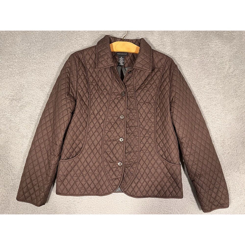 Rafaella Womens Quilted Jacket Snaps Collared Brown Size 10‎ Nylon Polyester